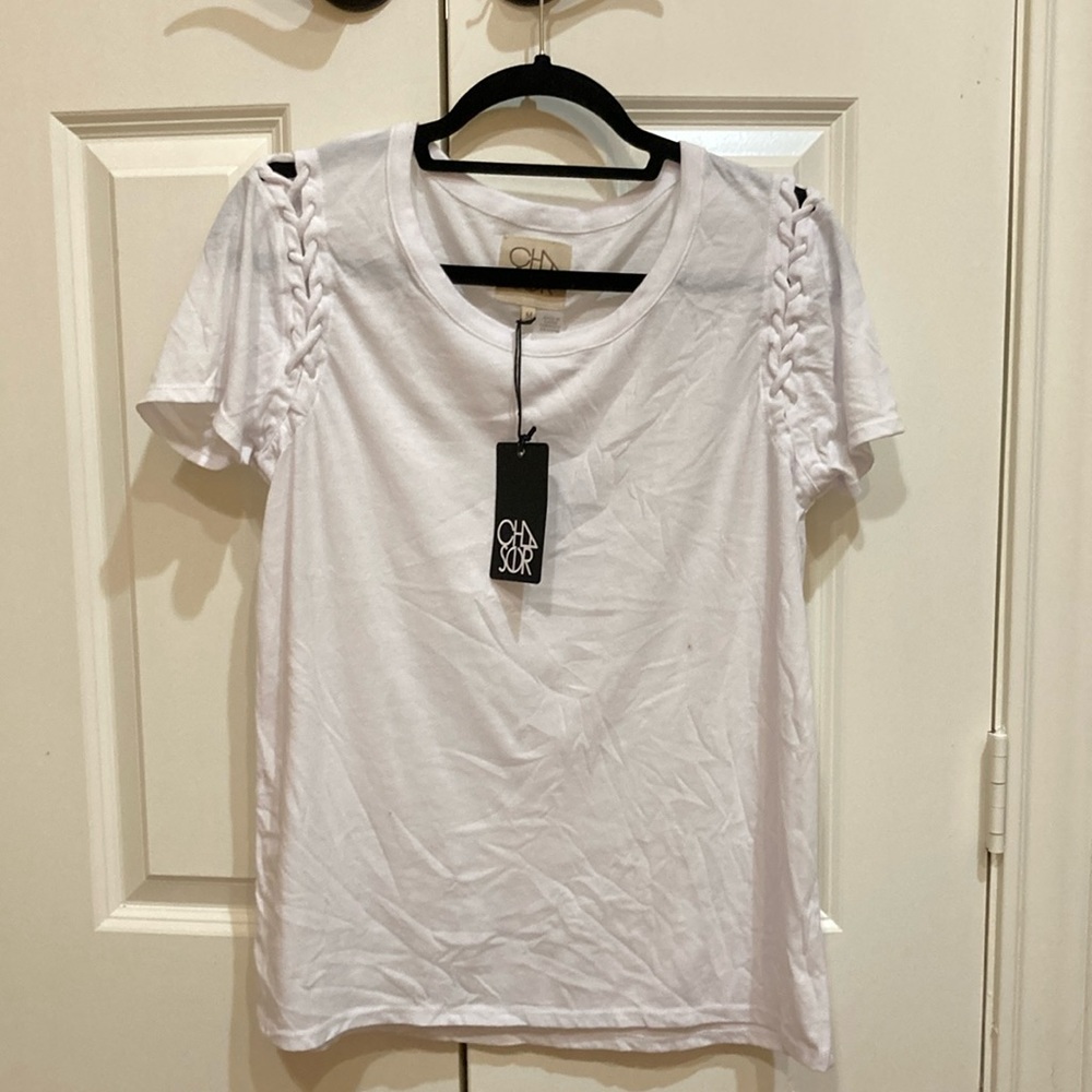 Chaser Short Sleeve Top with shoelace effect on sleeves in white